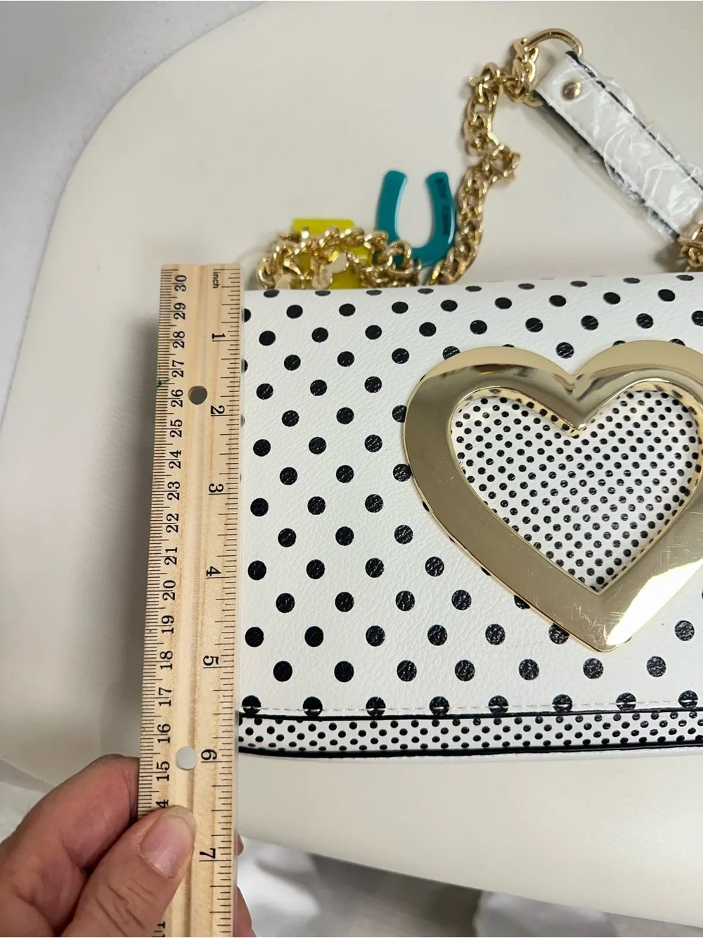 Betsey Johnson White Polka Dot Crossbody with Neon Heart Charm